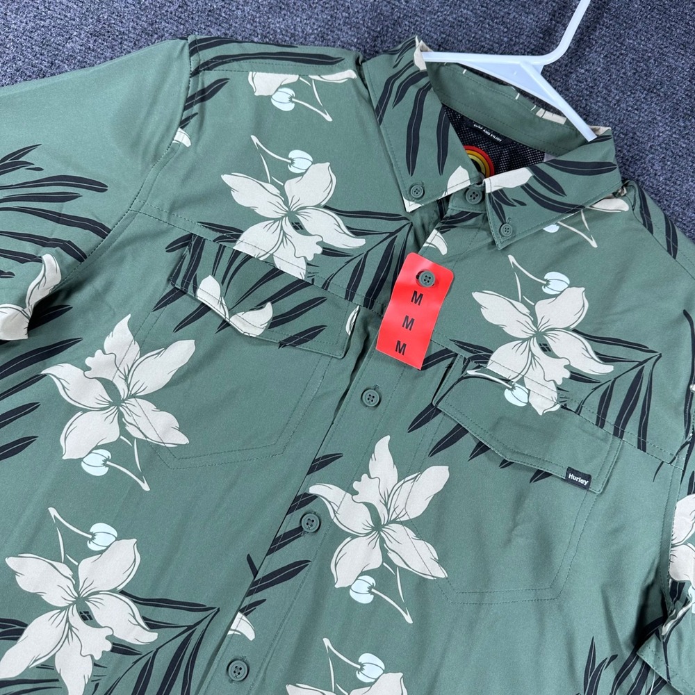 Hurley‎ Button Down Mens M Medium Green Floral Utility Short Sleeve Shirt NWT